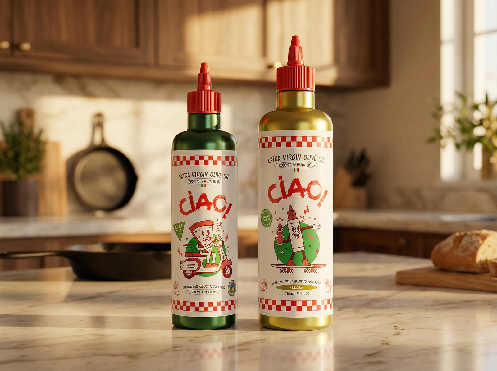 CIAO! Kitchen Set — Cooking and Finishing Extra Virgin Olive Oil on the table